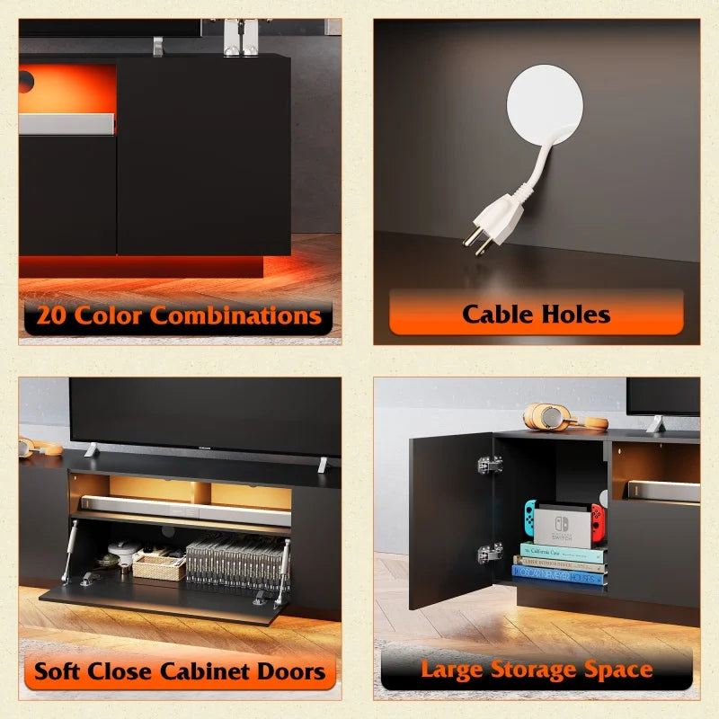 TV Stand for 65 Inch TV Entertainment Center with LED Lit Storage Cabinet for Living Room with Ample Storage