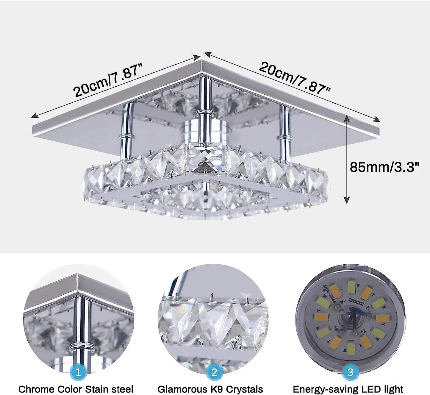 Small LED Chandelier Semi Flush Mount Ceiling Crystal Lamp for Bedrooms, Dinning Rooms, Hallway (Warm)