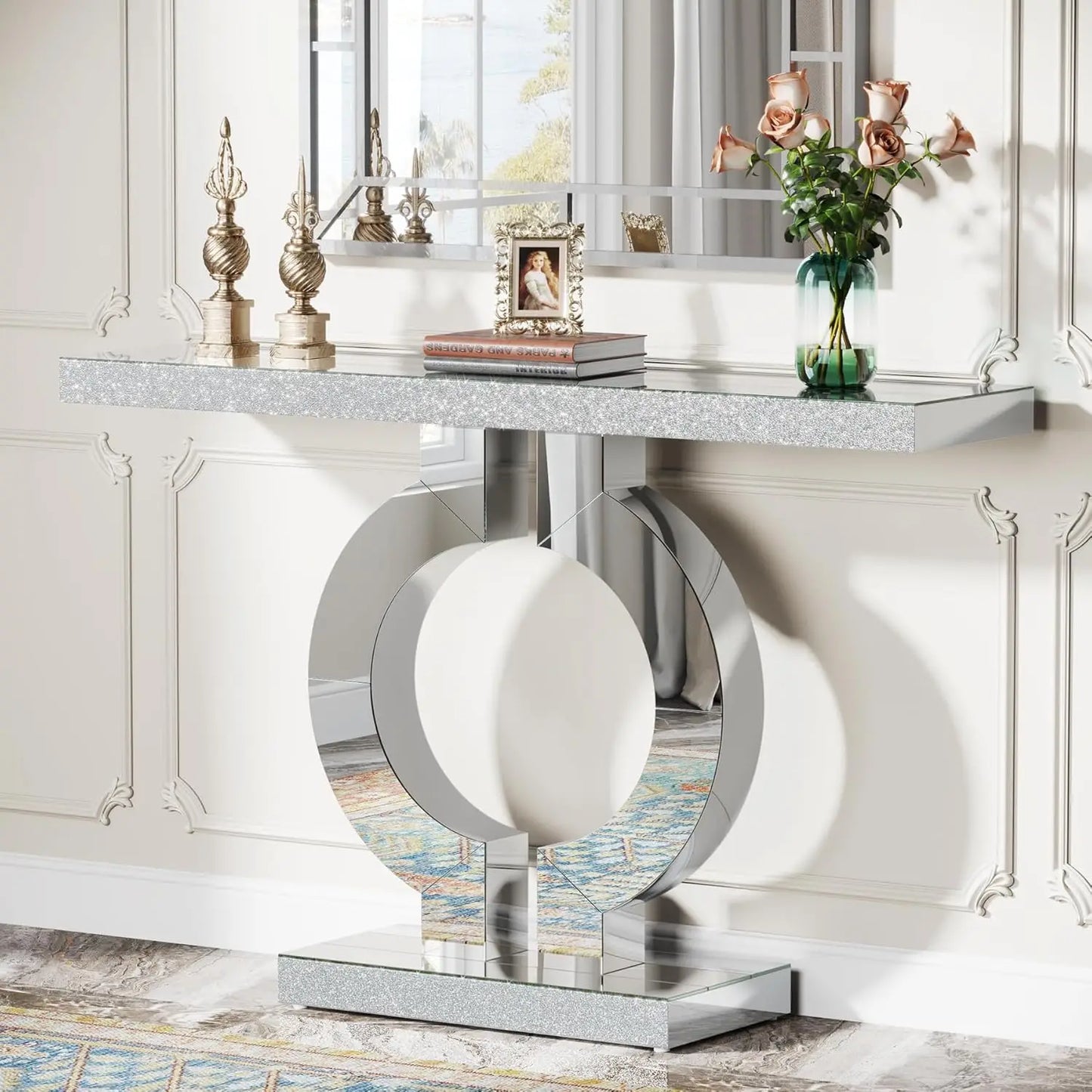 Mirror finished Console Table with O-Shaped Base, Great Entryway Table or Glass Sofa Table