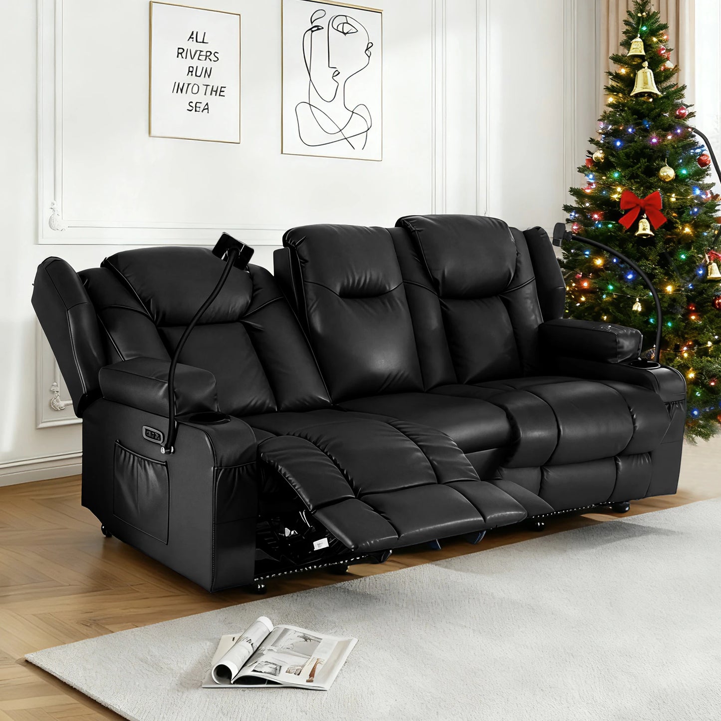 Electric Recliner Loveseat for Seniors, Massage & Heat, Dual Motor, 350LBS Capacity, Cat-Claw Leather, For Living Room