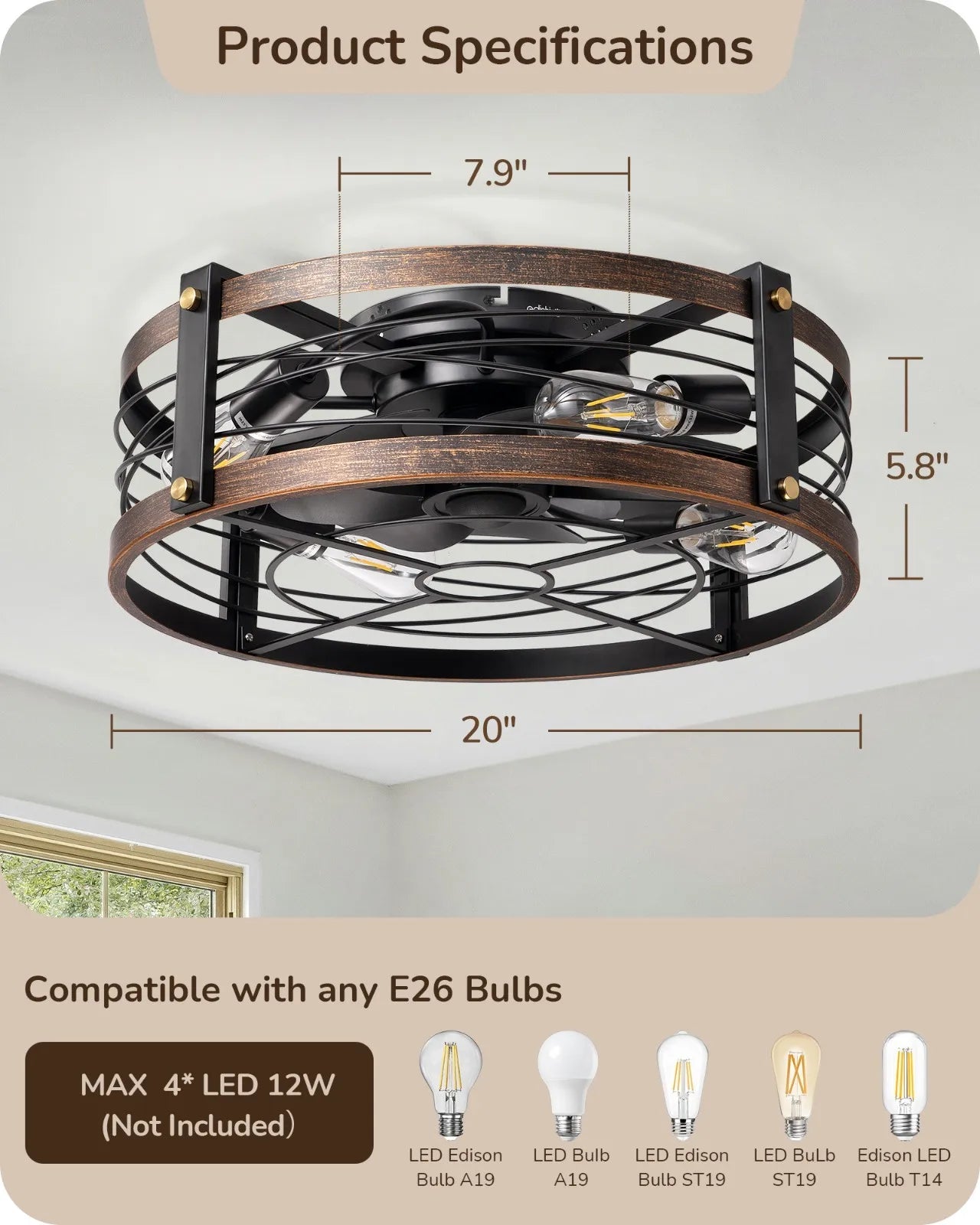 Quiet DC Motor Ceiling Fan with Dimmable Light Remote Brushed Gold