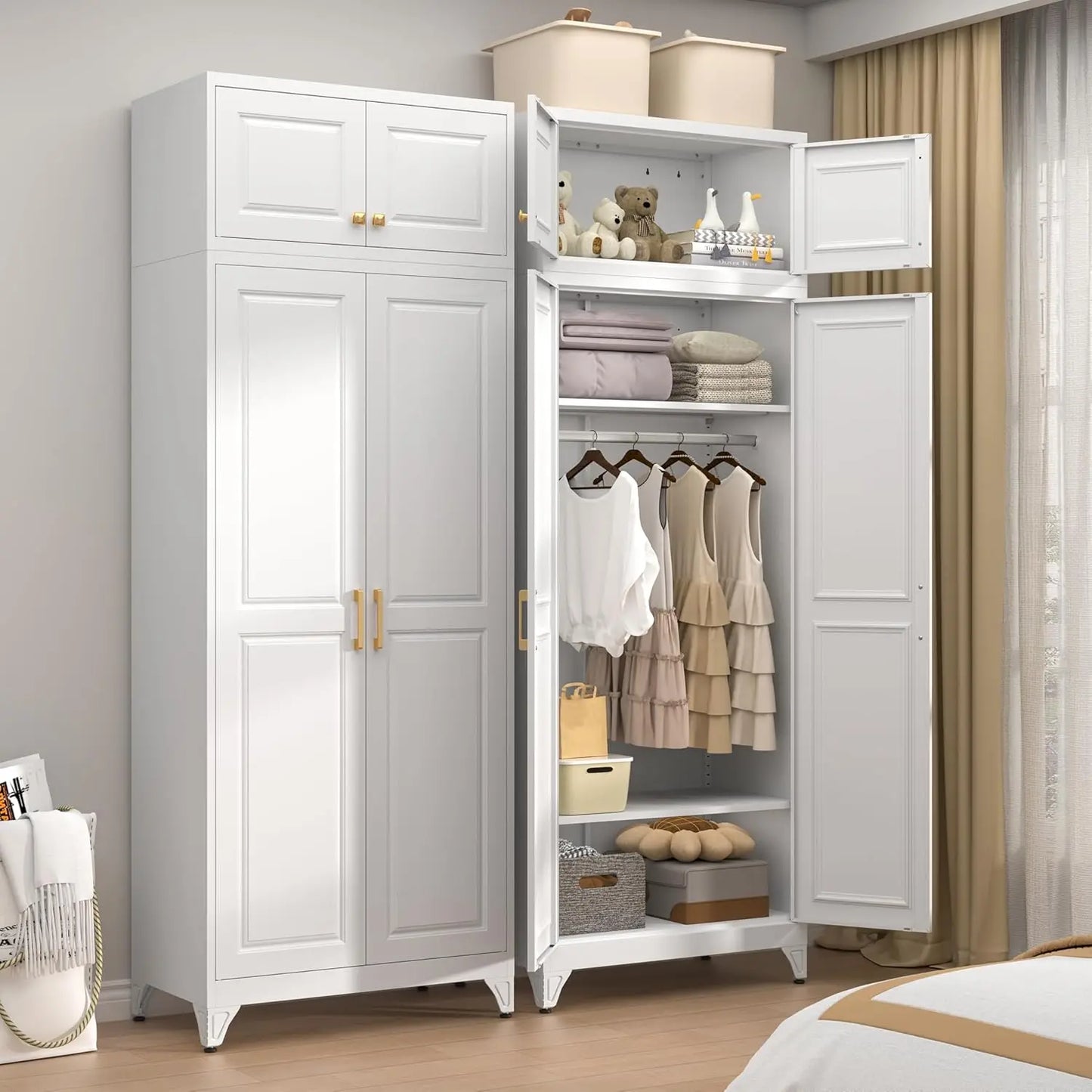 86" Metal Wardrobe Cabinet, Black Armoire Wardrobe Closet with Hanging Rod, Clothes Storage Cabinet