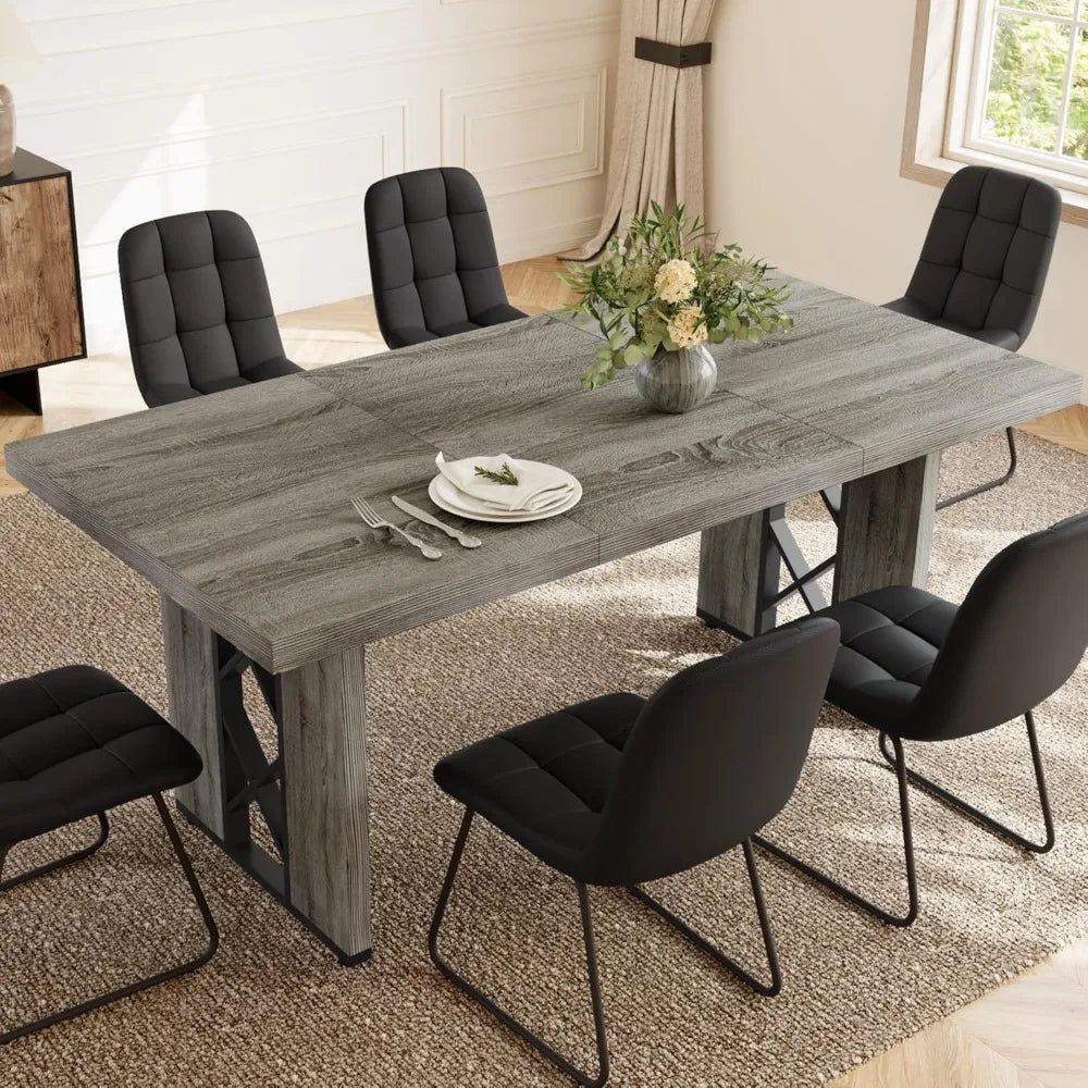 Space-Saving 7-Piece Dining Set for 6-8 People, 70.8 MDF Table with 6 Upholstered Chairs