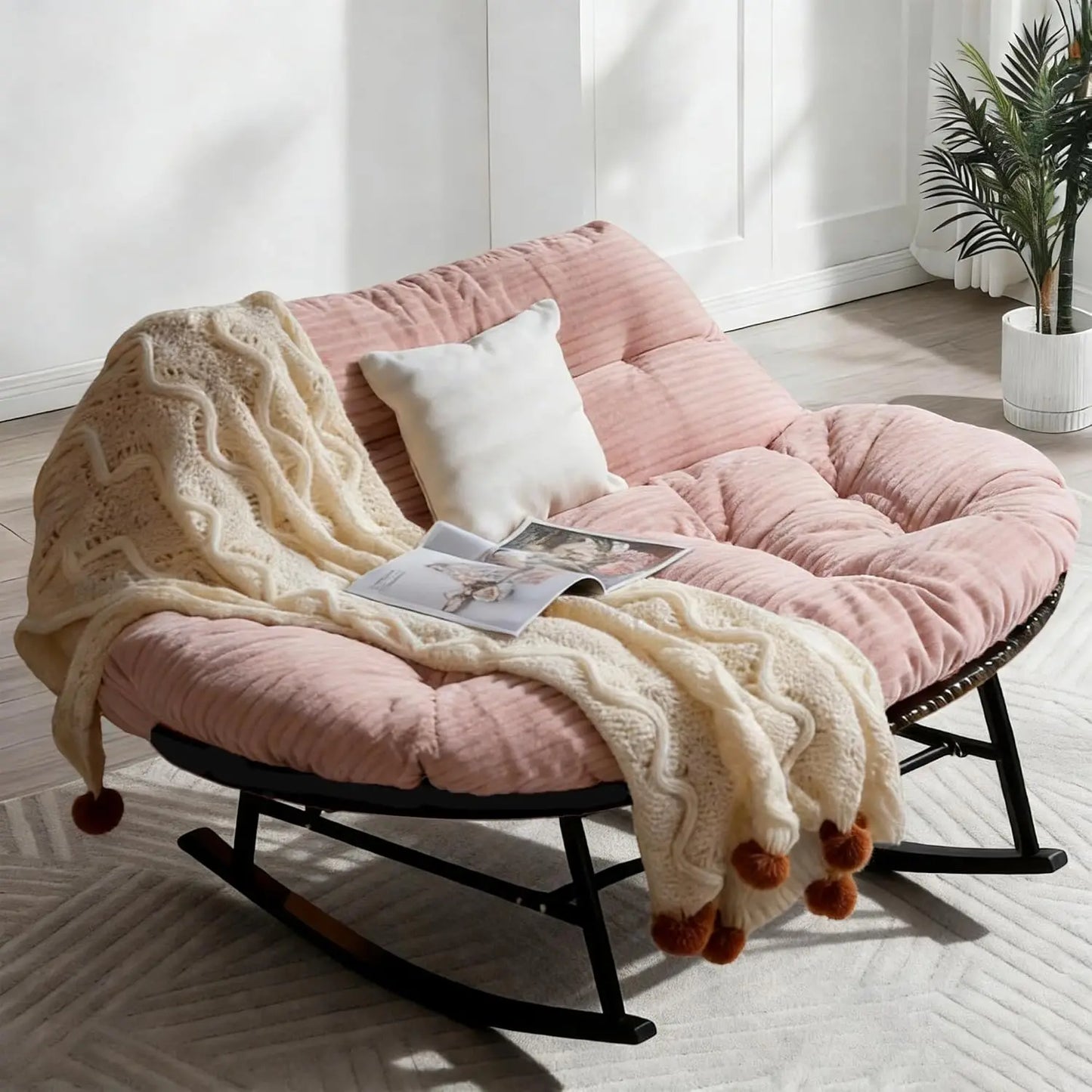 Oversize Double Rattan Rocking Chair Egg Loveseat Thick Cushion Patio Garden Backyard Customized