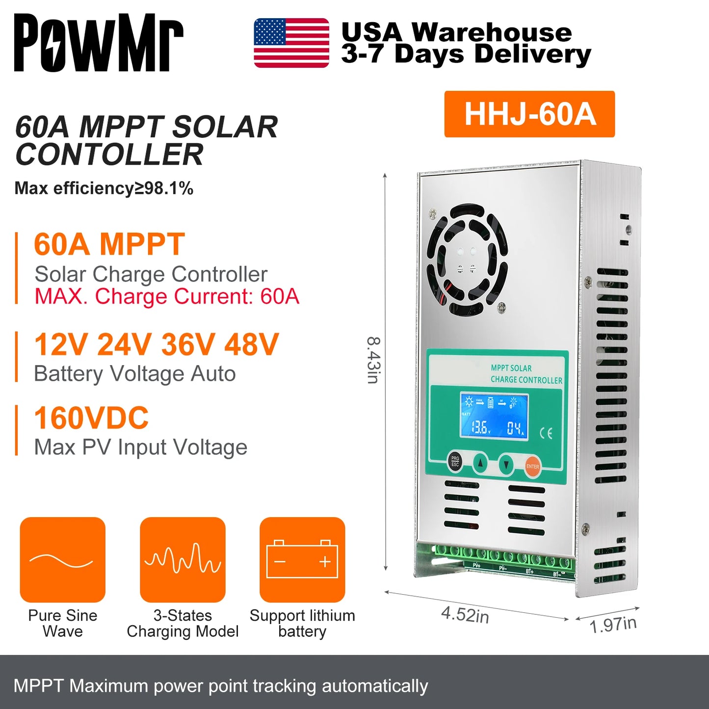 60A MPPT Solar Charge Controller Can Parallel 12PC Charging 12V 24V 36V 48V LifePo4 Battery Max 160VDC Solar Panel