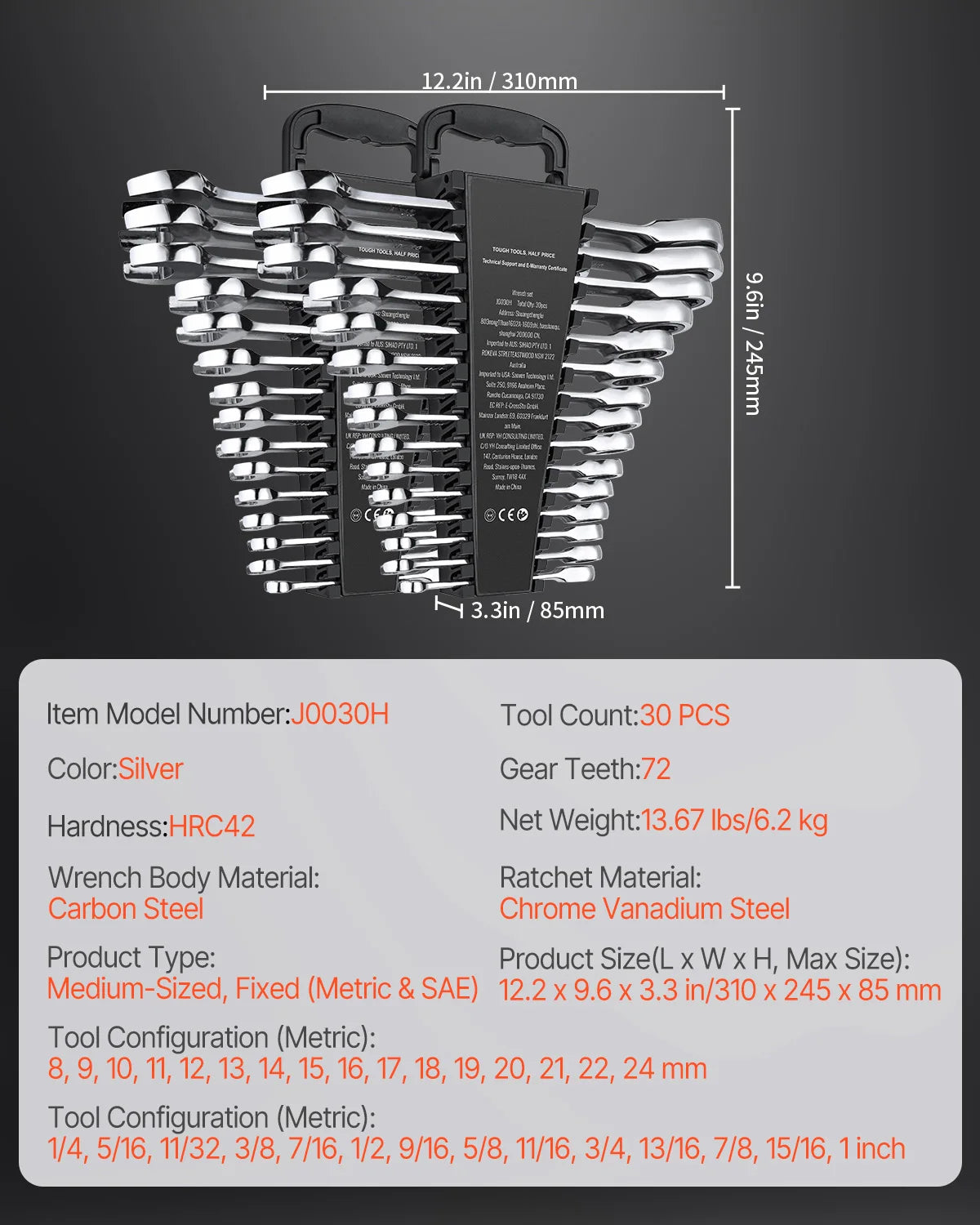 24/30-Piece Ratcheting Wrench Set with Organizer Rack