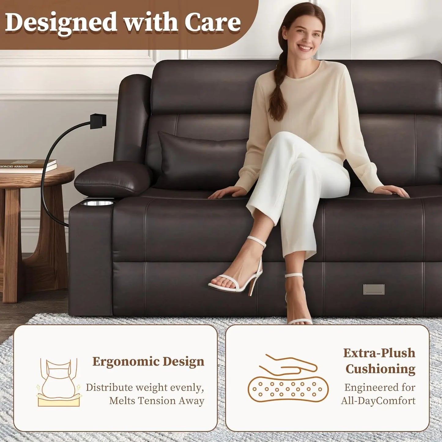 Home Theater, RV Reclining Sofa Set with Adjustable Headrest with Heat and USB & Type-C, and Drawer