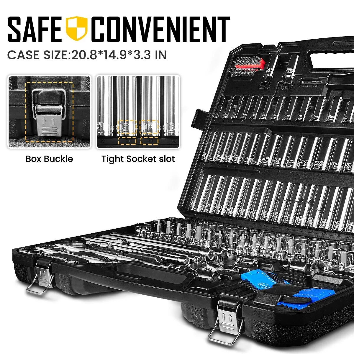 225PCS Mechanic Tool Set With 1/4," 3/8" & 1/2" Drive Socket Wrench Set