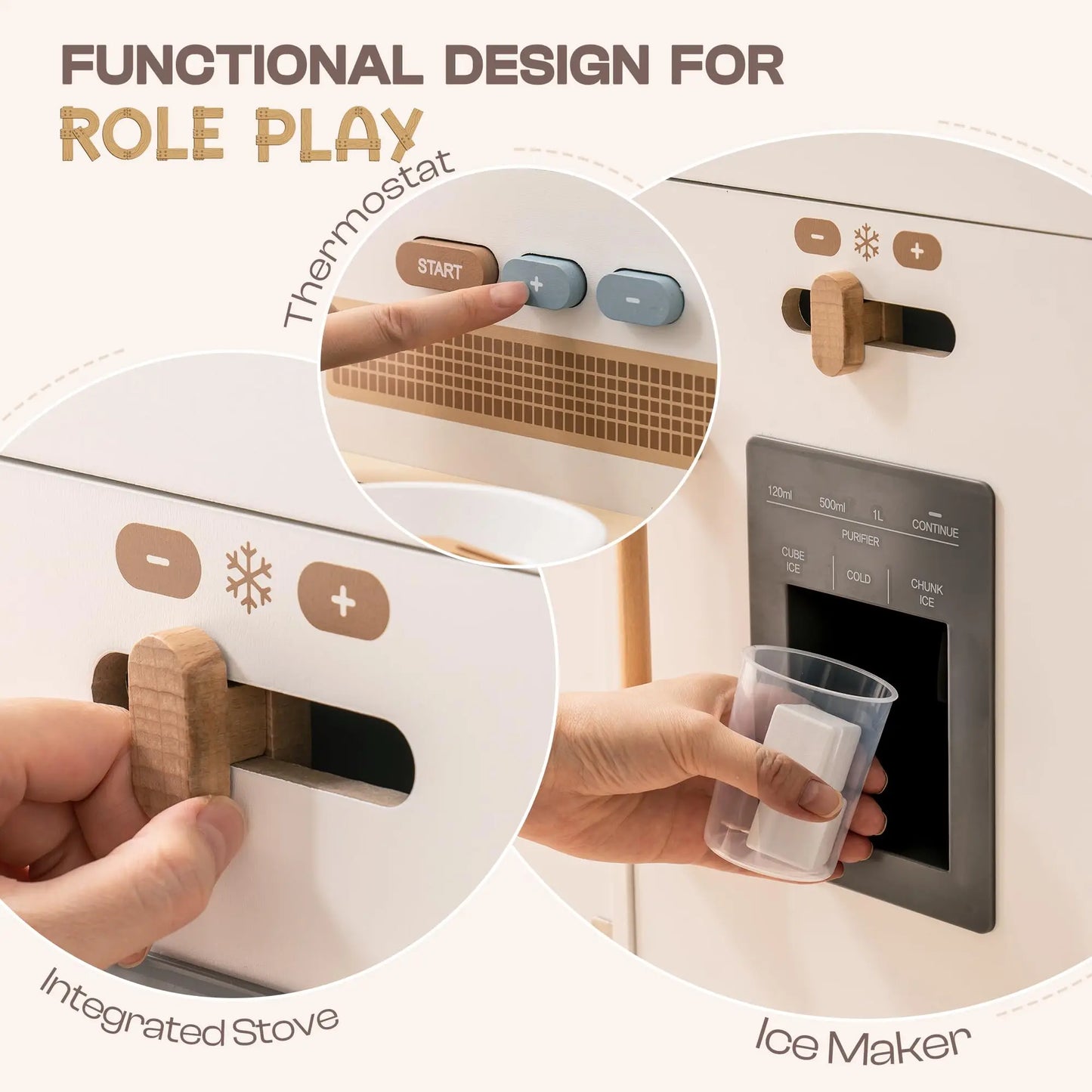 Wooden Play Kitchen with Real Lights, Sounds, and Ice Cube Dispenser