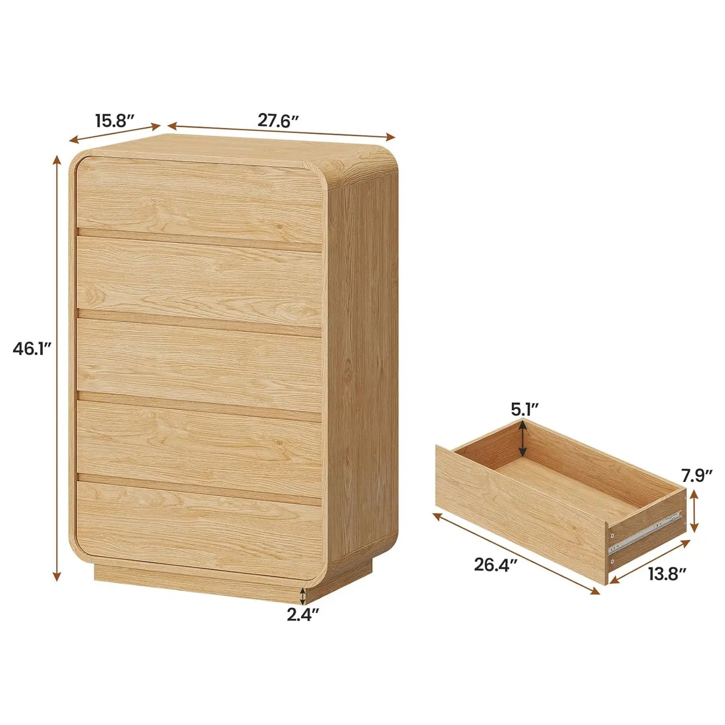 Tall Dresser for Bedroom, 5 Drawer Vertical Dresser w/Curved Profile Design