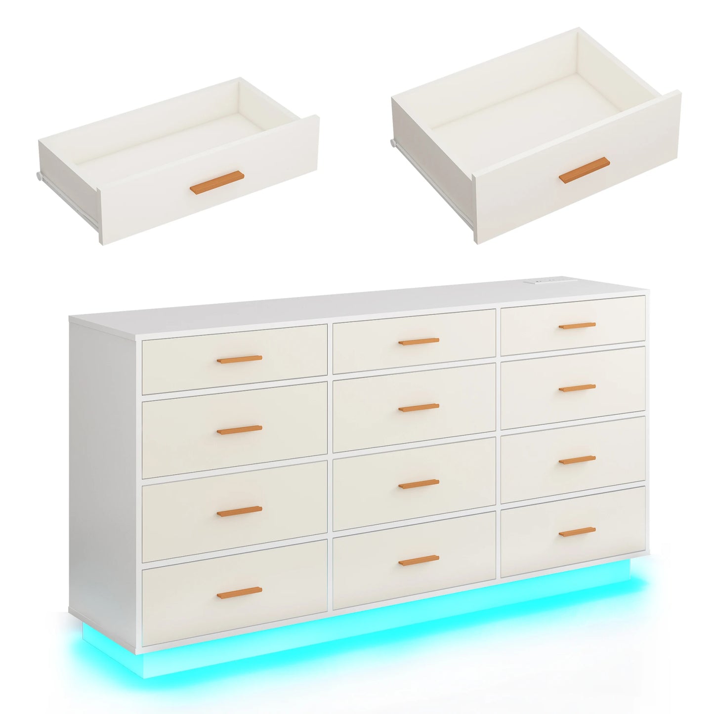 63 inch, 12 Drawer Dresser for Bedroom with Power Outlets & LED Lights