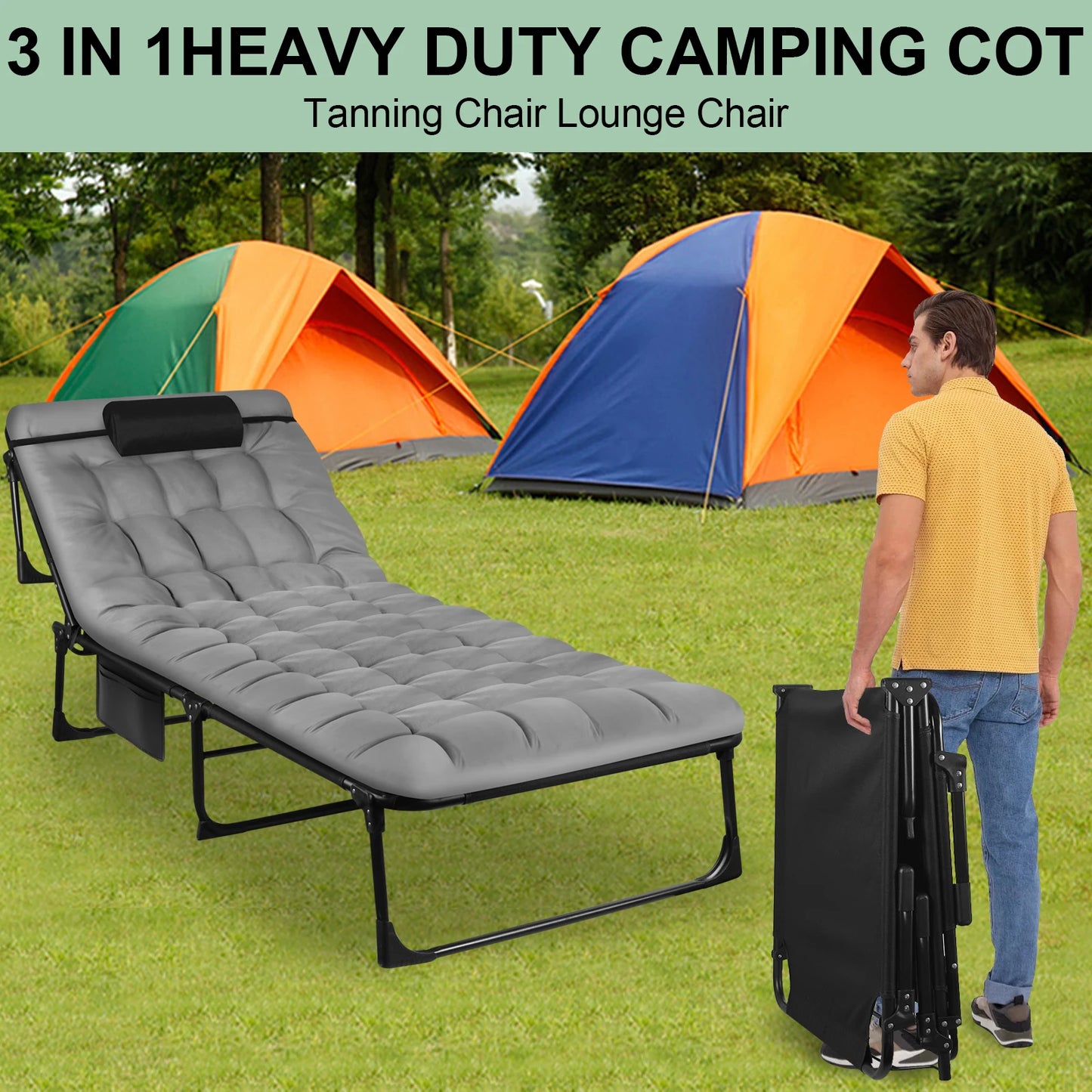 Portable Folding Camping Cot - 3-Position Adjustable Reclining Lounge Chair with Pillow, Outdoor Sleeping Bed