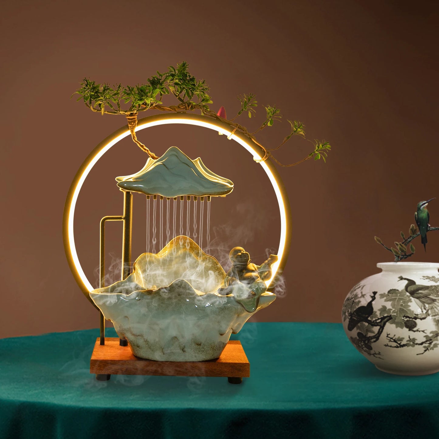 Tabletop Ceramic Fountain With Lights and Pump Free Standing 35*13*37cm for Living Room, or Office