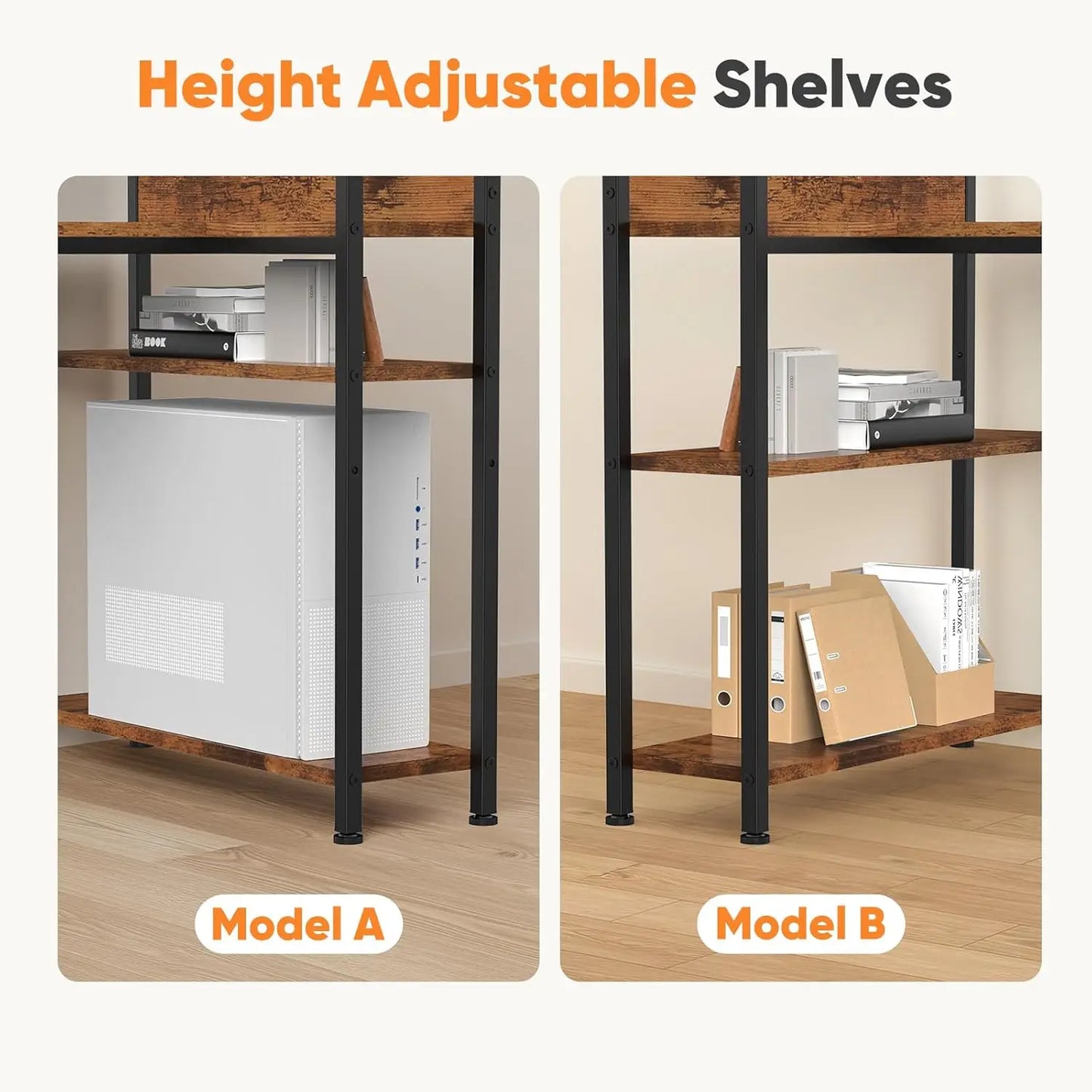 L-Shaped Corner Desk with Storage Shelf, Adjustable Feet for Dual Monitors, Brown Wood Office Table