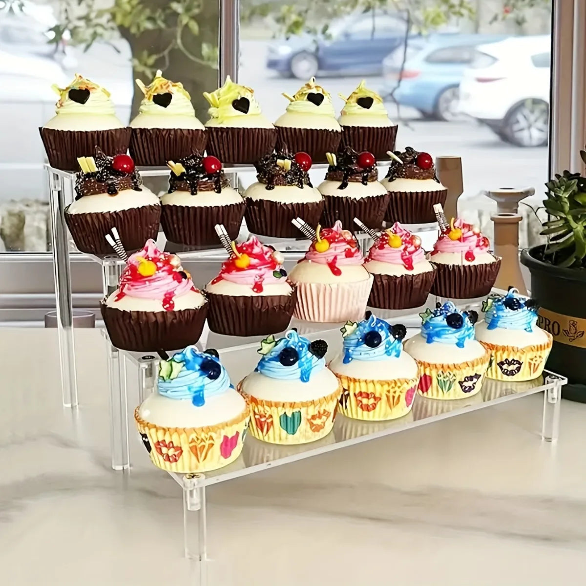 3-Tier Clear Acrylic Display Stand for Jewelry, Makeup, Cupcake Organizer, Transparent Shelf, Sturdy Base, Space-Saving Storage