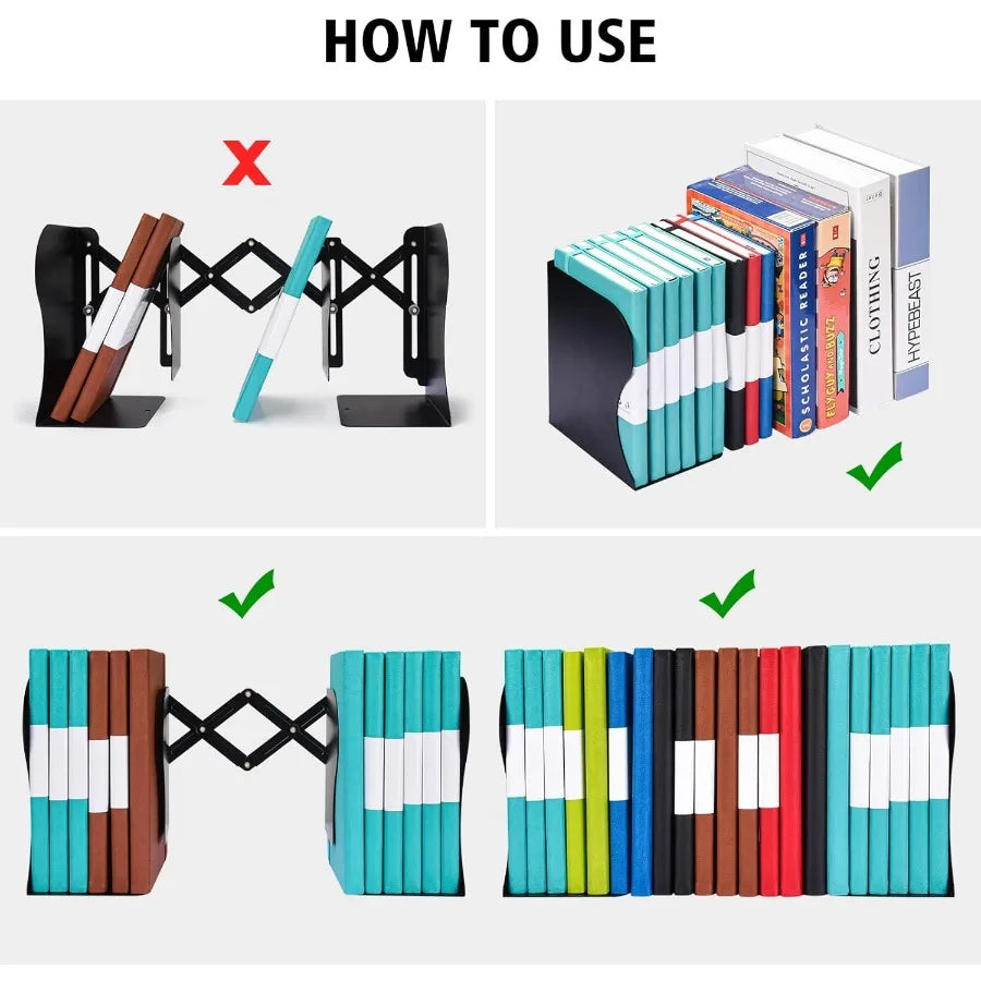 2PCS Adjustable Metal Bookends with 2 Dividers for Heavy Books