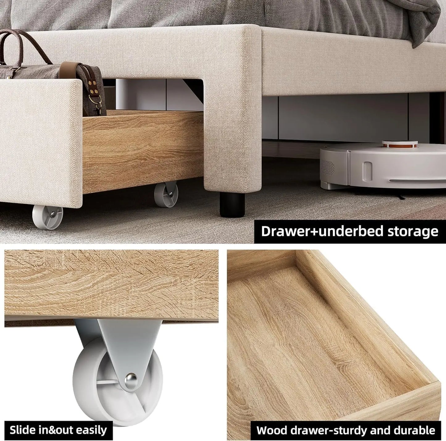 Queen Size Upholstered Platform Bed Frame with Storage Drawers