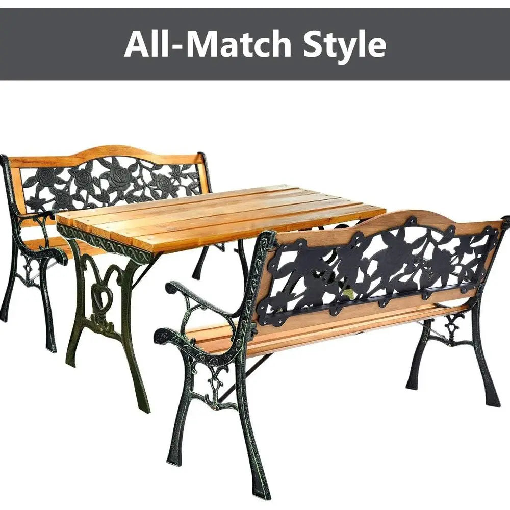 50 Inch Patio Bench, Outdoor Furniture Rose Cast Iron Hardwood Frame Porch Loveseat, Weather Proof Porch Path Chair for 2 Person