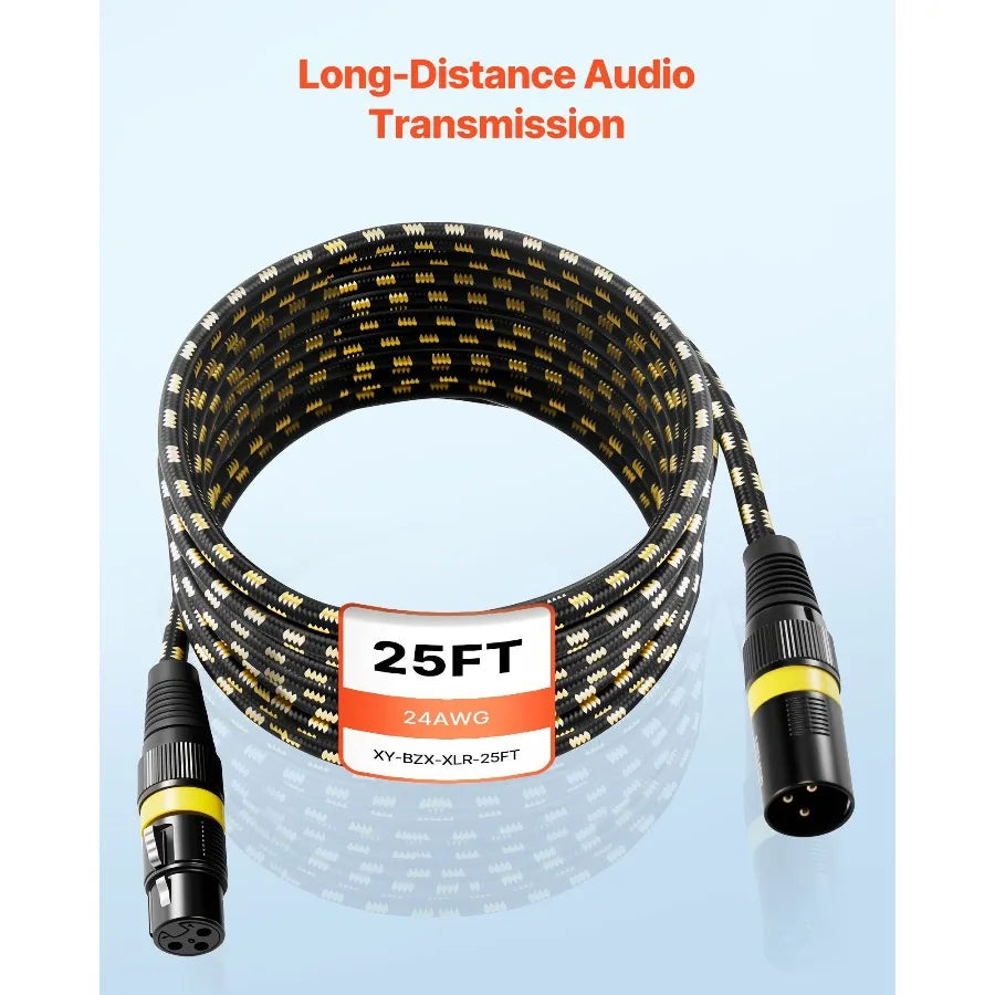 XLR Cable 25 ft, 6 Pack, Shielded Balanced DMX Male to Female Microphone Cables, Gold-Plated 3-Pin XLR Mic Speaker Cord Wires,