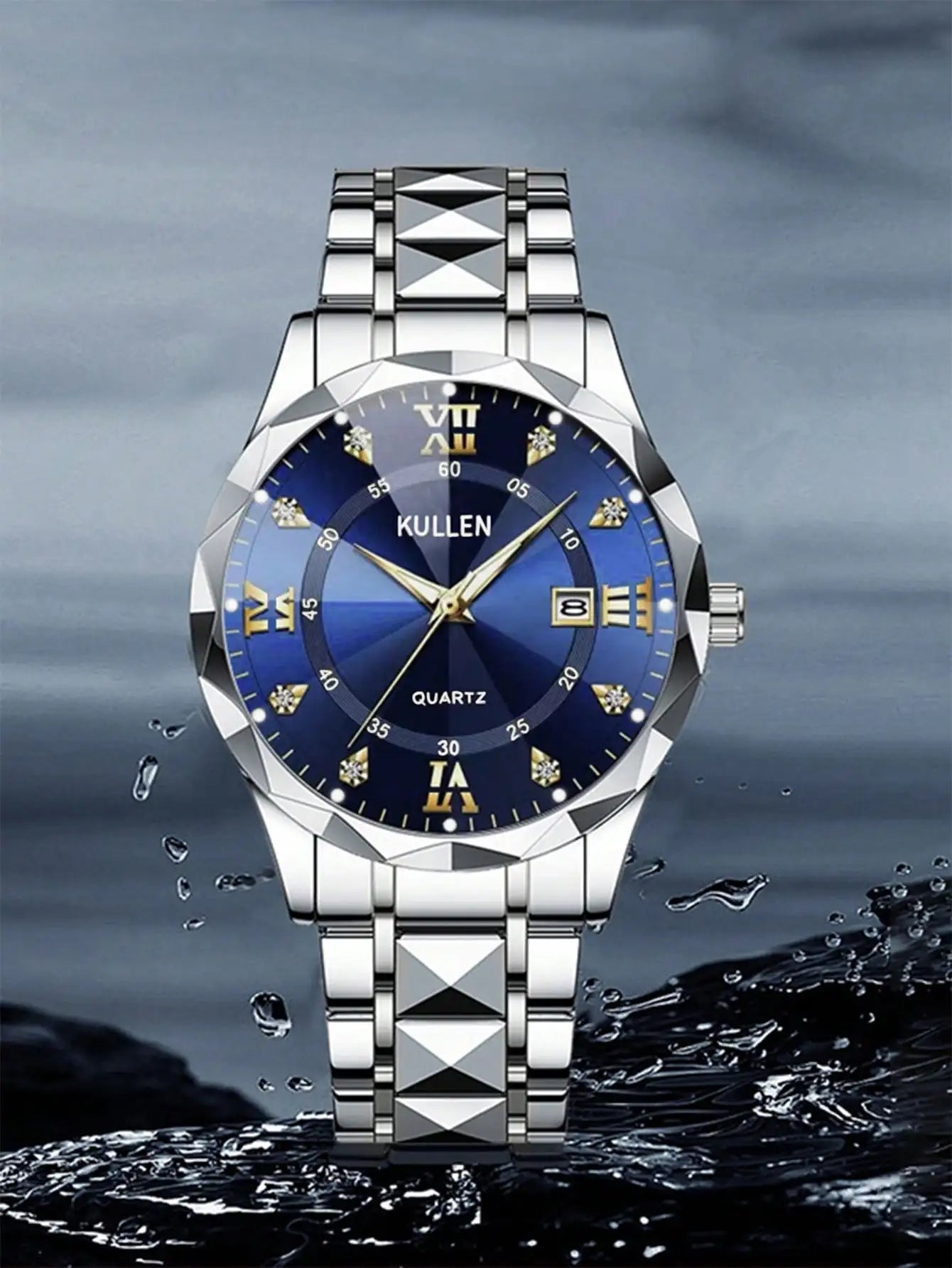 Men's Blue Dial Roman Numeral Quartz Watch with Stainless Steel Band