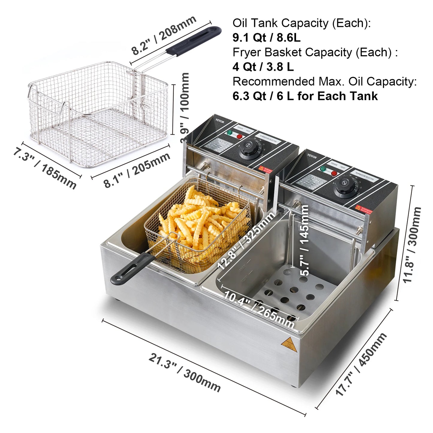 12L Electric Deep Fryer w/Dual Removable Tanks Commercial Countertop Fryer for Chicken French Fries Frying Chips