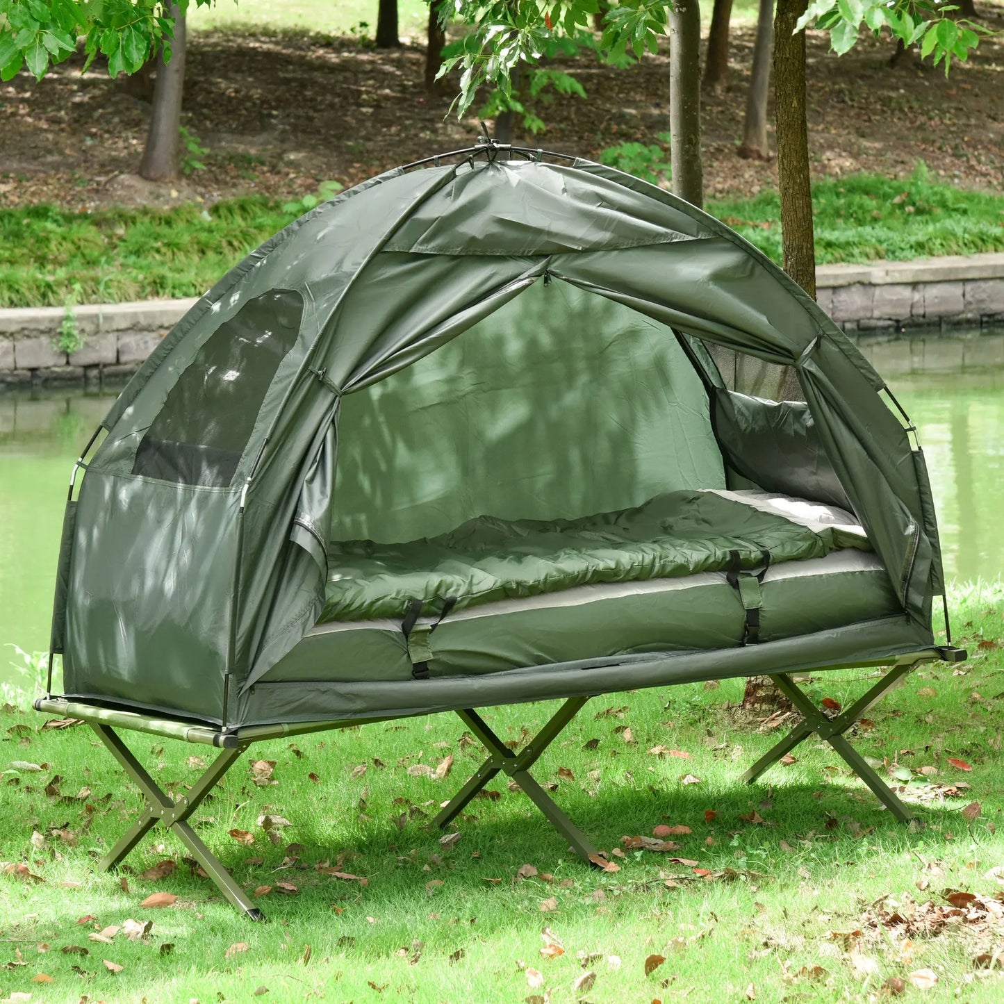 All in One Camping Tent-Cot Combo with Air Mattress, Pump and Sleeping Bag