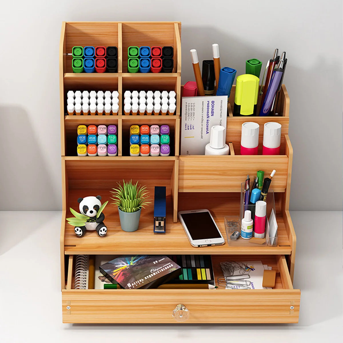 Simple Wooden Pen Holder Storage Box, Stationery Storage Shelf, With Drawer Suitable for Multi Scene Study Rooms Offices
