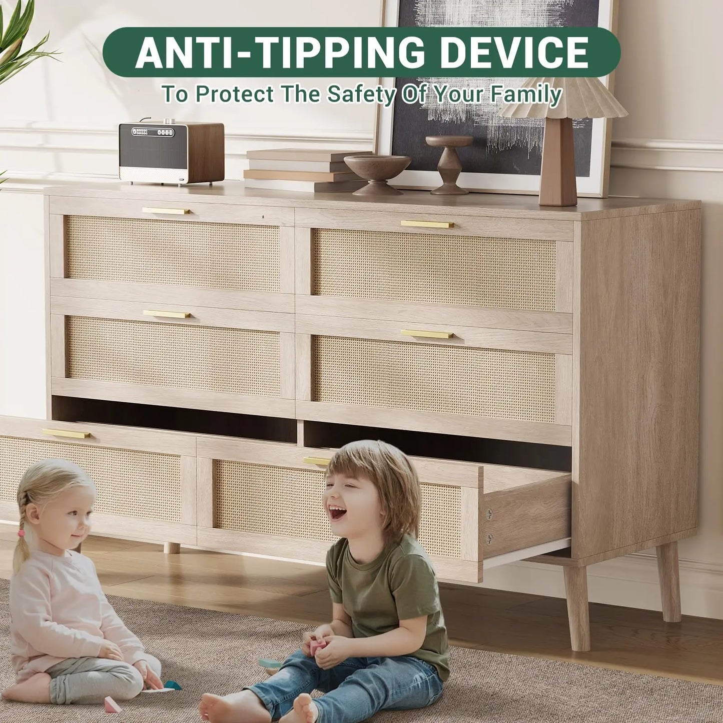 47.2" Rattan 6 Drawer Dresser With Gold Handles Large Storage Dresser For Bedroom
