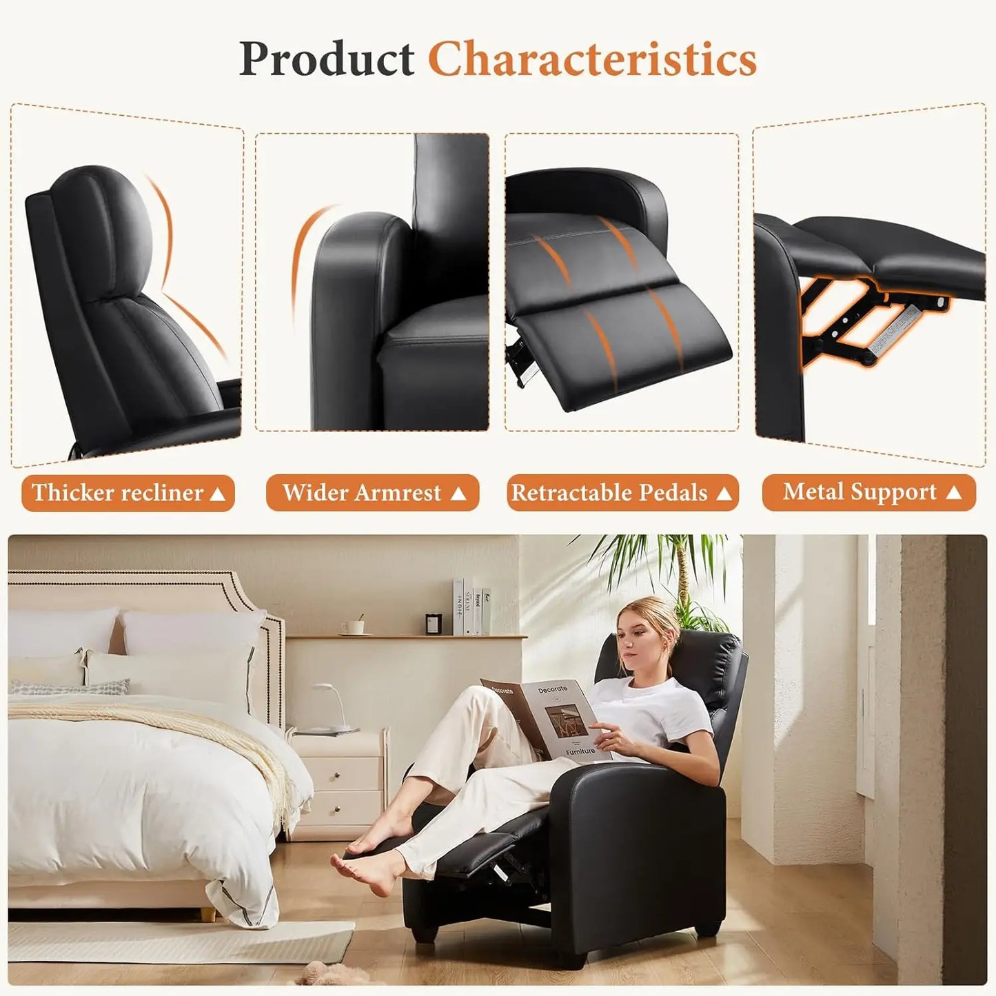 Adjustable Recliner Chair with Lumbar Support, PU Leather Sofa for Living Room, High-Density Sponge, Jet Black