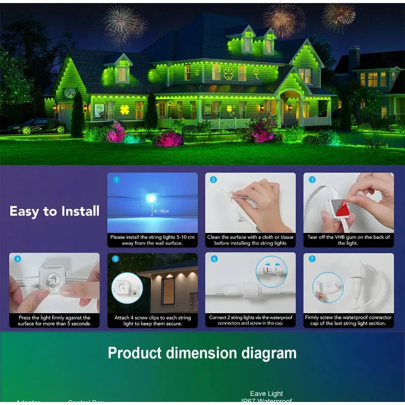 Permanent Outdoor LED Light String Strip for Your Eaves APP Smart Control, DlY Auto Scene Lighting Effects