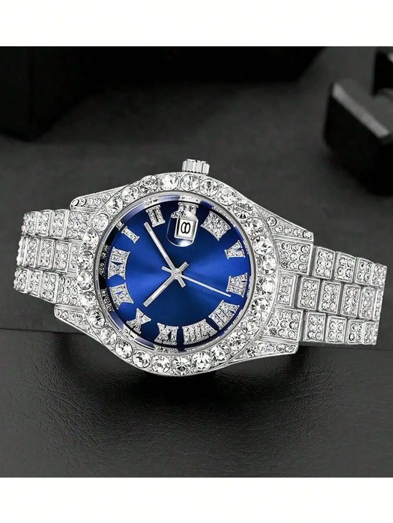 Luxury Blue Dial Roman Numeral Crystal-Embellished Quartz Watch for Women
