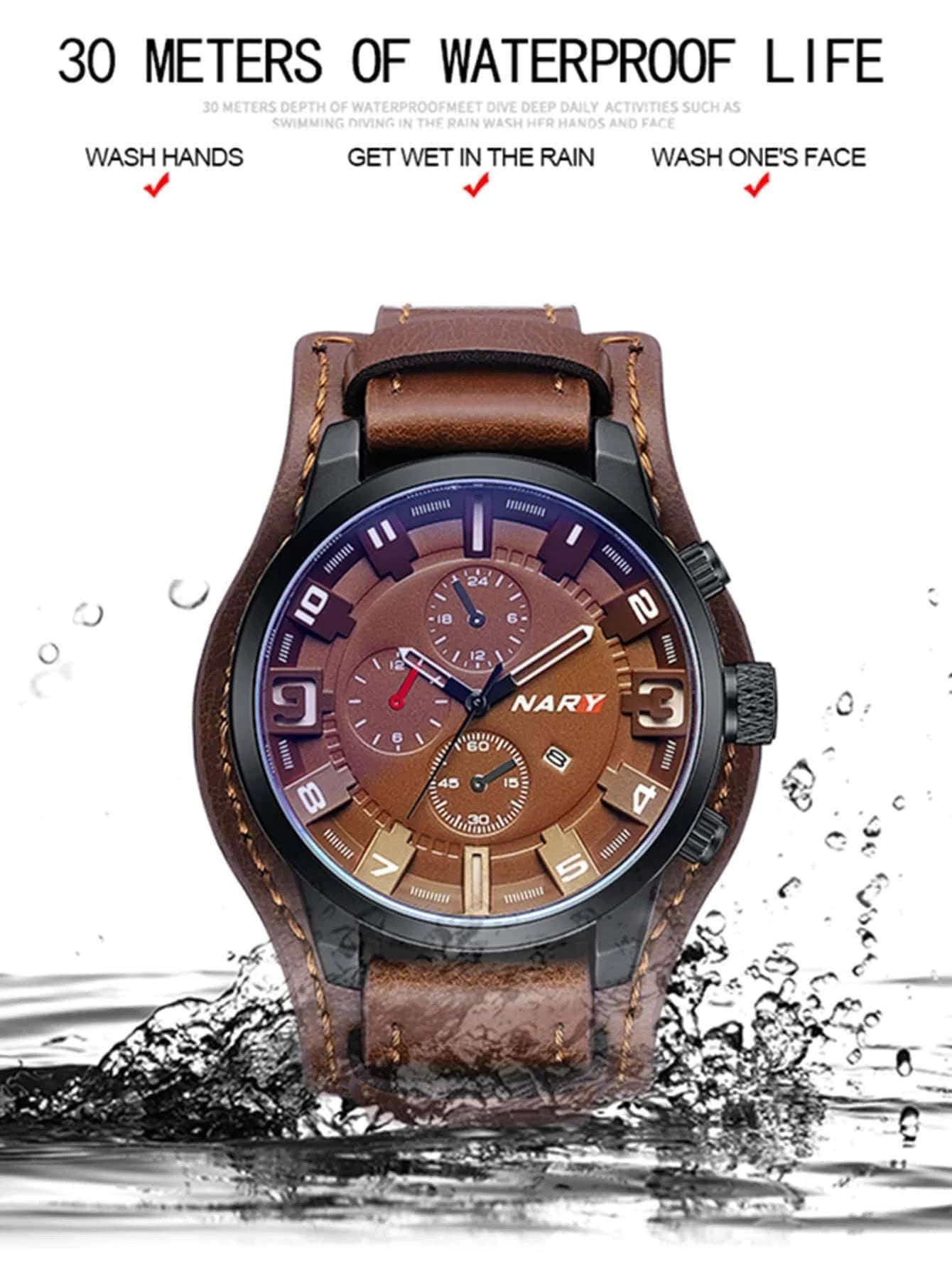 Men's Brown Round Dial Quartz Watch with PU Leather Strap