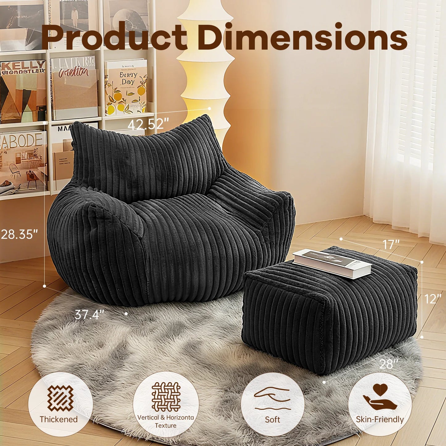 Reading Bean Bag Chairs for Adults, BeanBag Density Foam Couch, Floor Lazy Soft, Comfy Reading Nook