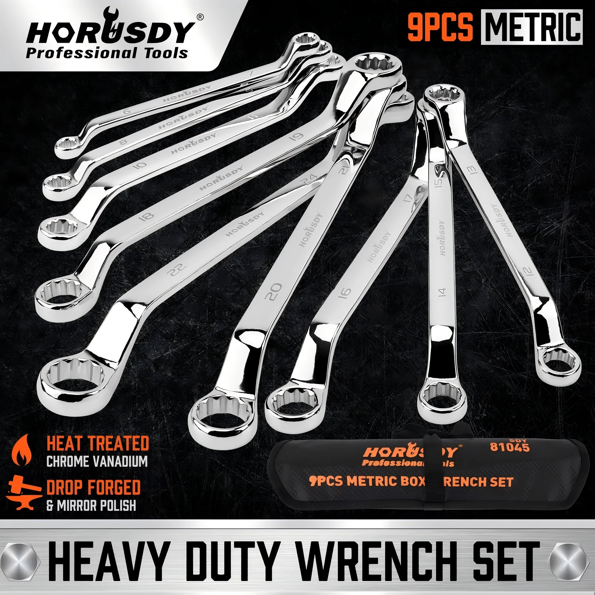 9Pcs 75-Degree Offset Double Box End Metric Wrench Set With Pouch