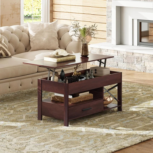 Lift Top Coffee Table with Hidden Compartment Storage Drawers and Storage Shelf for Living Room Reception Room