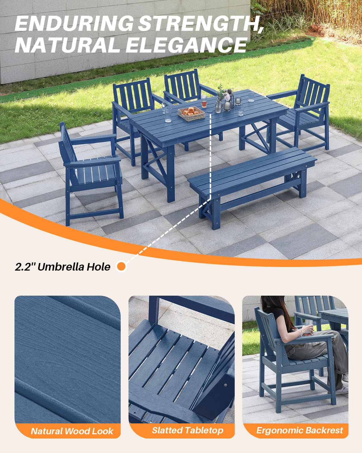 6-Piece SeeHill Navy HDPE Dining Set, Outdoor Table with 4 Chairs and Bench, Weather-Resistant Patio Furniture with Umbrella Hole