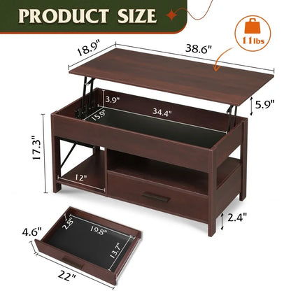 Lift Top Coffee Table with Hidden Compartment Storage Drawers and Storage Shelf for Living Room Reception Room