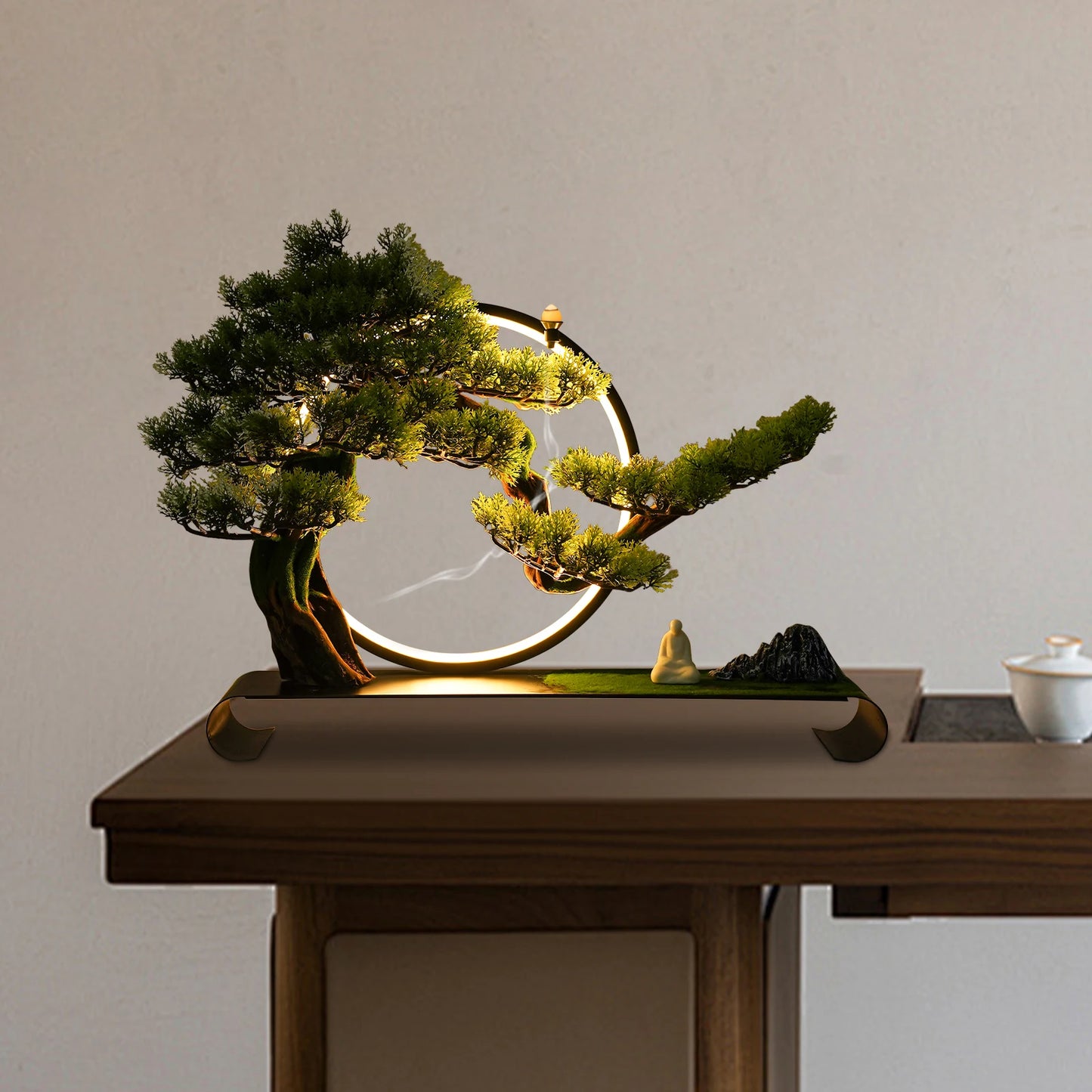 Artificial Tree, Incense Burner, Ceramic Zen Bonsai Pine with LED Light Ring