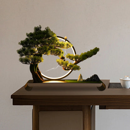 Artificial Tree, Incense Burner, Ceramic Zen Bonsai Pine with LED Light Ring