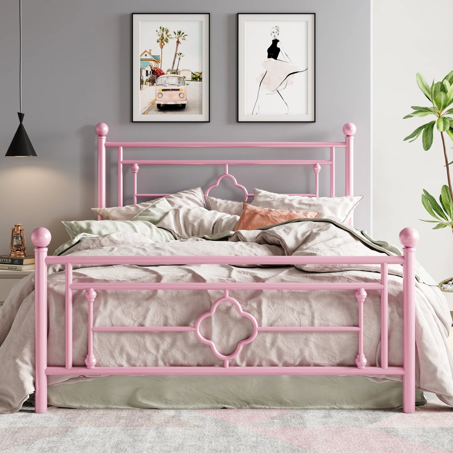 Metal Platform Bed Frame, Vintage Victorian Style, Wrought Iron Headboard and Footboard