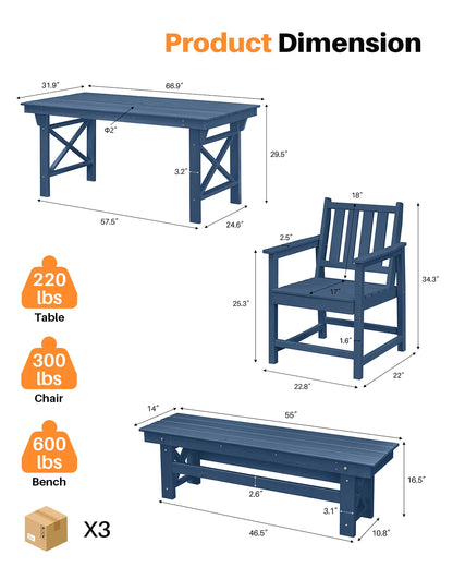 6-Piece SeeHill Navy HDPE Dining Set, Outdoor Table with 4 Chairs and Bench, Weather-Resistant Patio Furniture with Umbrella Hole