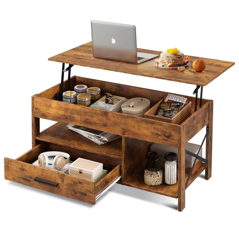Lift Top Coffee Table with Hidden Compartment Storage Drawers and Storage Shelf for Living Room Reception Room
