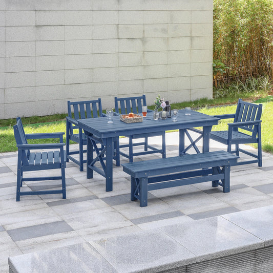 6-Piece SeeHill Navy HDPE Dining Set, Outdoor Table with 4 Chairs and Bench, Weather-Resistant Patio Furniture with Umbrella Hole