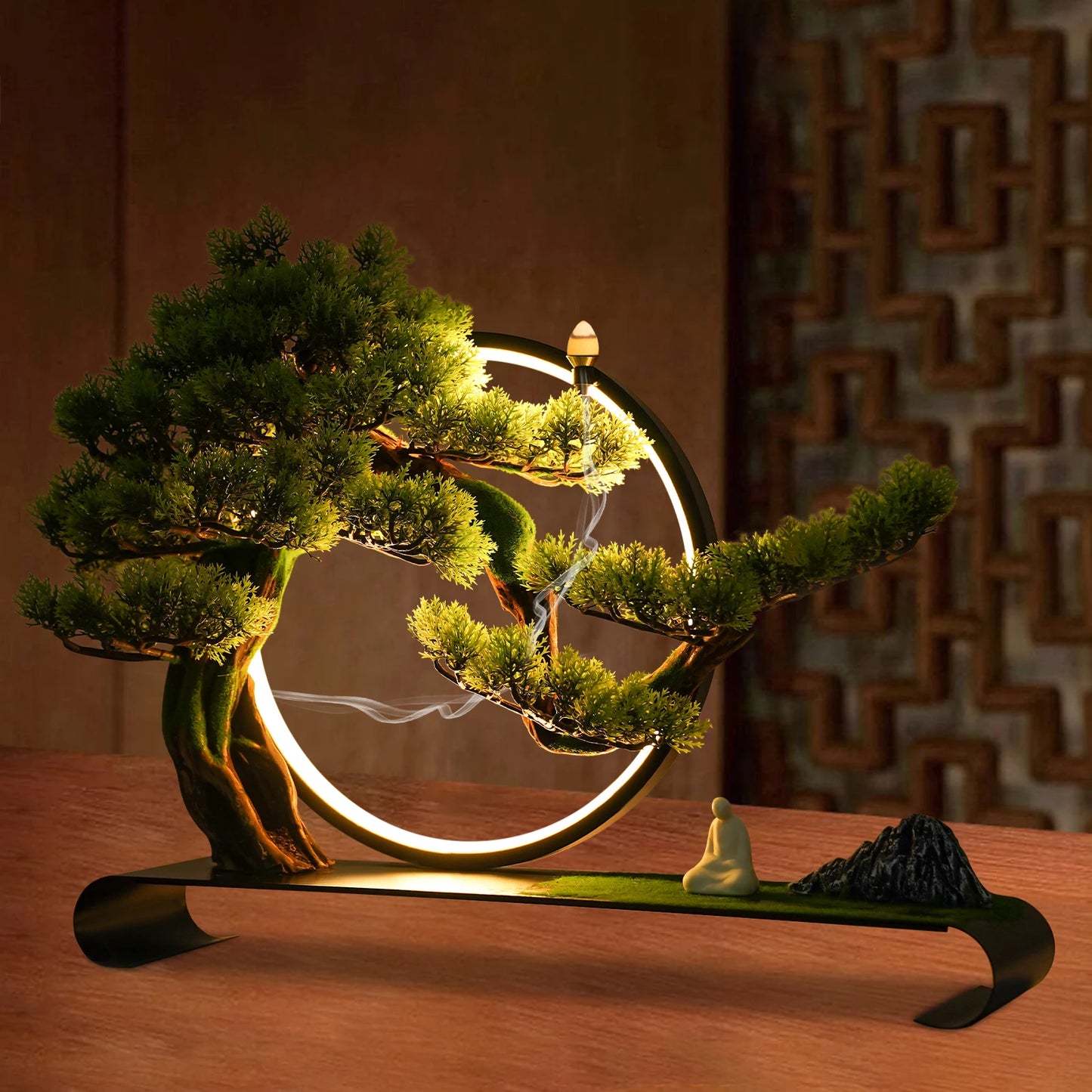 Artificial Tree, Incense Burner, Ceramic Zen Bonsai Pine with LED Light Ring