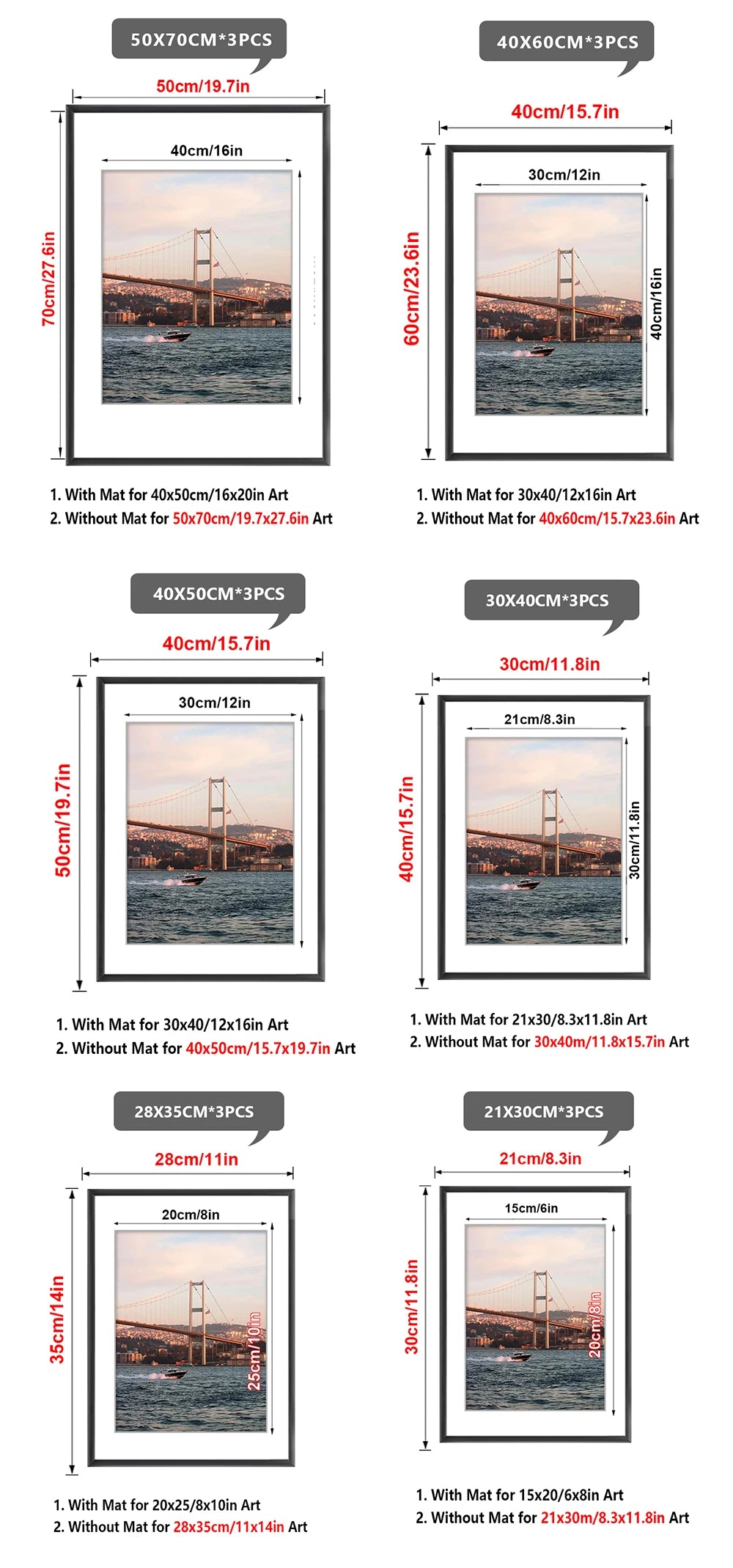 3pcs 30x40 50x70cm Picture Frames Aluminum Modern Photo Frame Black With Mat For Wall Art Mounting Canvas Print Home Decor