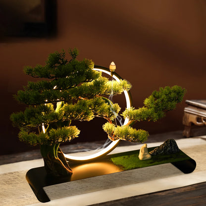 Artificial Tree, Incense Burner, Ceramic Zen Bonsai Pine with LED Light Ring