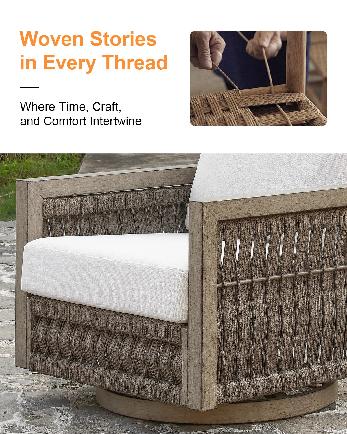 SeeHill Swivel Patio Chair, Aluminum Outdoor Armchair with Cushions, Rope Weave Deep Seating Furniture, Gray Oak Finish