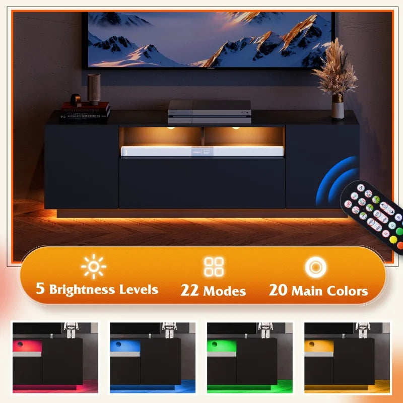 TV Stand for 65 Inch TV Entertainment Center with LED Lit Storage Cabinet for Living Room with Ample Storage