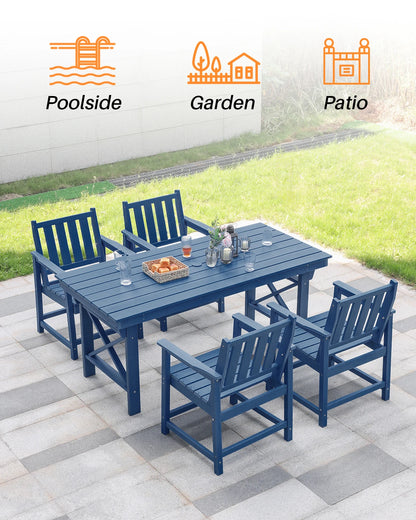 6-Piece SeeHill Navy HDPE Dining Set, Outdoor Table with 4 Chairs and Bench, Weather-Resistant Patio Furniture with Umbrella Hole