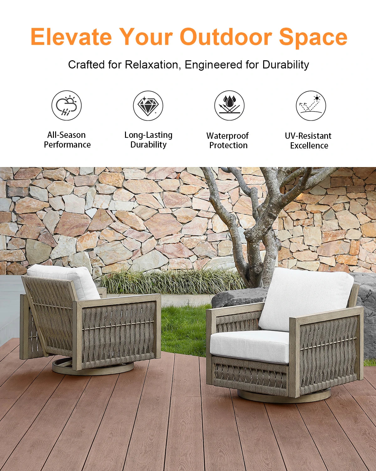 SeeHill Swivel Patio Chair, Aluminum Outdoor Armchair with Cushions, Rope Weave Deep Seating Furniture, Gray Oak Finish